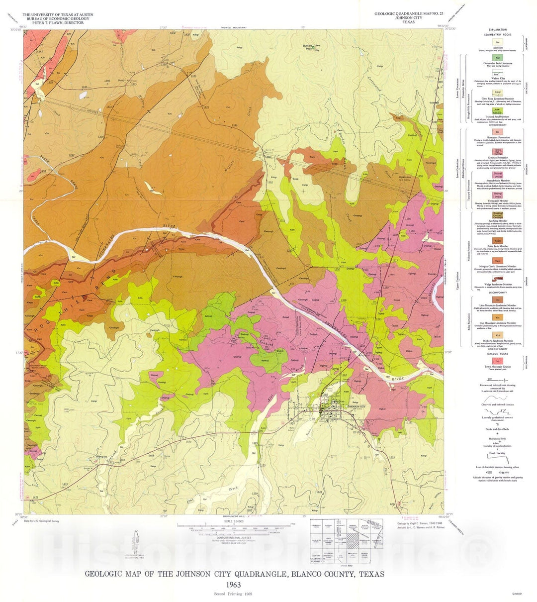 Map : Geologic map of the Johnson City quadrangle, Blanco County, Texas, 1963 Cartography Wall Art :