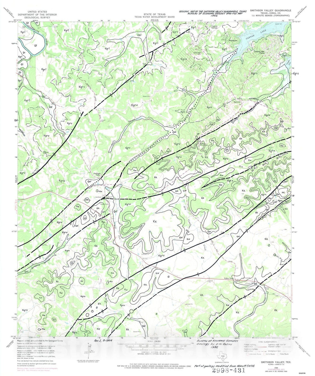 Map : Geologic map of the Smithson Valley quadrangle, Texas, 1992 Cartography Wall Art :