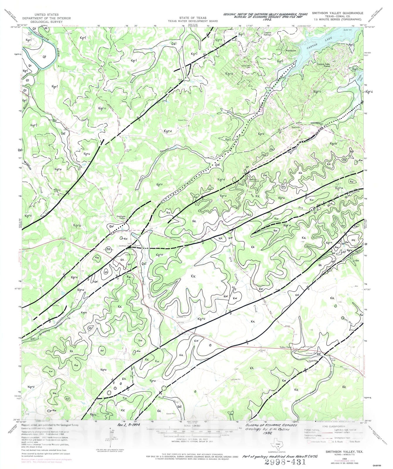 Map : Geologic map of the Smithson Valley quadrangle, Texas, 1992 Cartography Wall Art :