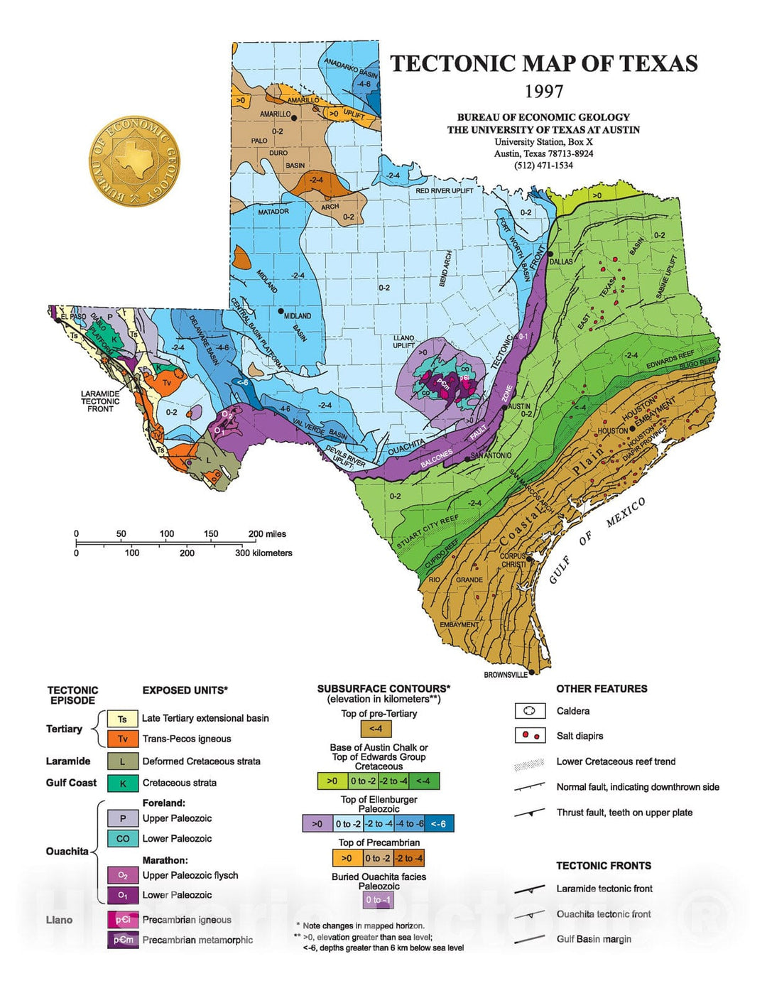 Map : Tectonic Map of Texas, 1997 Cartography Wall Art :