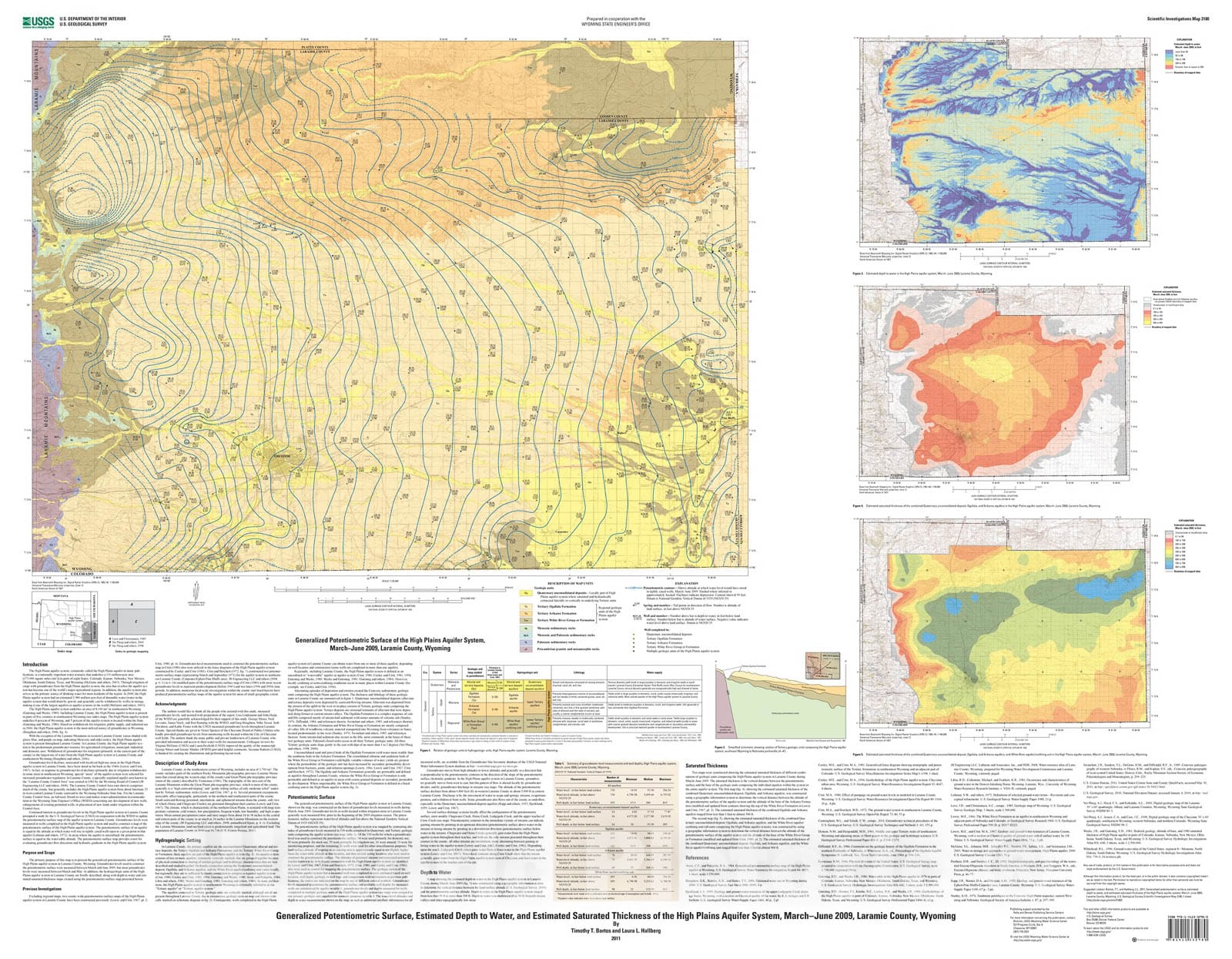 Map : Generalized potentiometric surface, estimated depth to water, and estimated saturated thickness of the High Plains aquifer system, 2011 Cartography Wall Art :