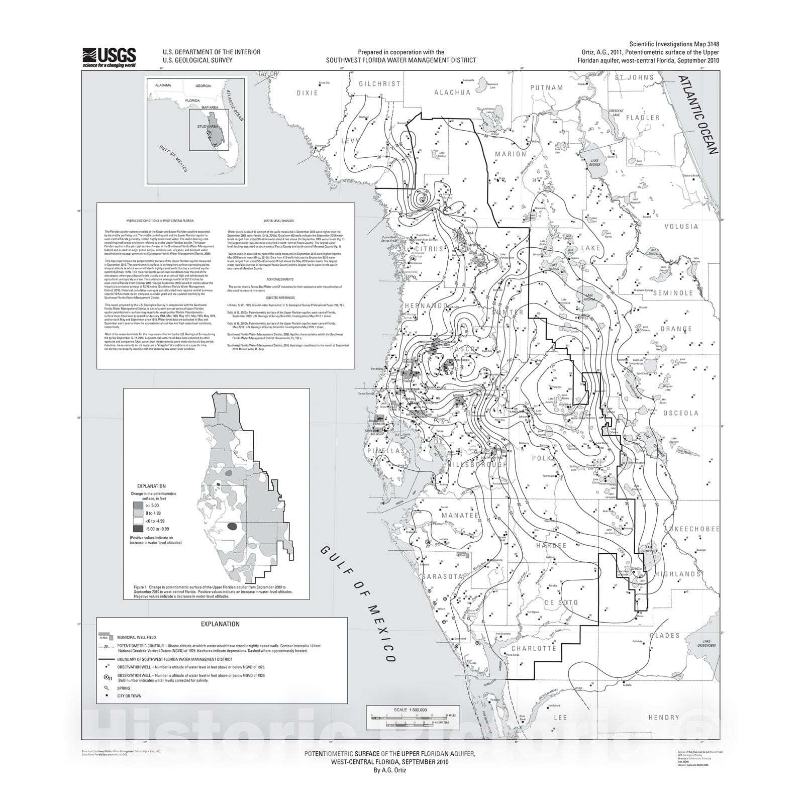 Map : Potentiometric surface of the upper Floridan aquifer, west-central Florida, September 2010, 2011 Cartography Wall Art :
