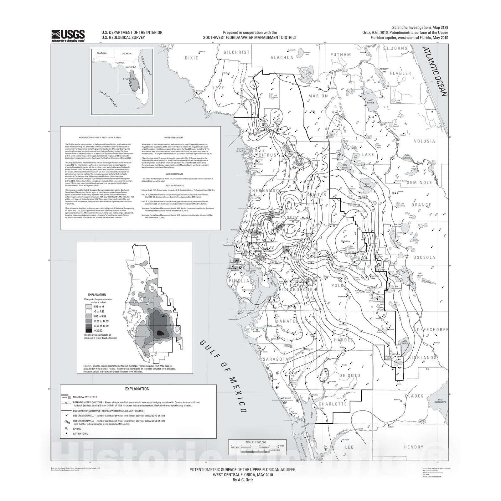 Map : Potentiometric surface of the upper Floridan aquifer, west-central Florida, May 2010, 2011 Cartography Wall Art :
