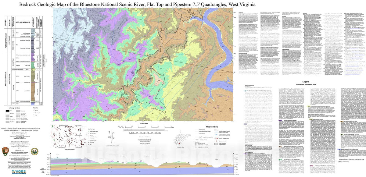 Map : Bedrock Geologic Map of the Bluestone National Scenic River, Flat Top and Pipestem 7.5' Quadrangles, West Virginia, 2011 Cartography Wall Art :