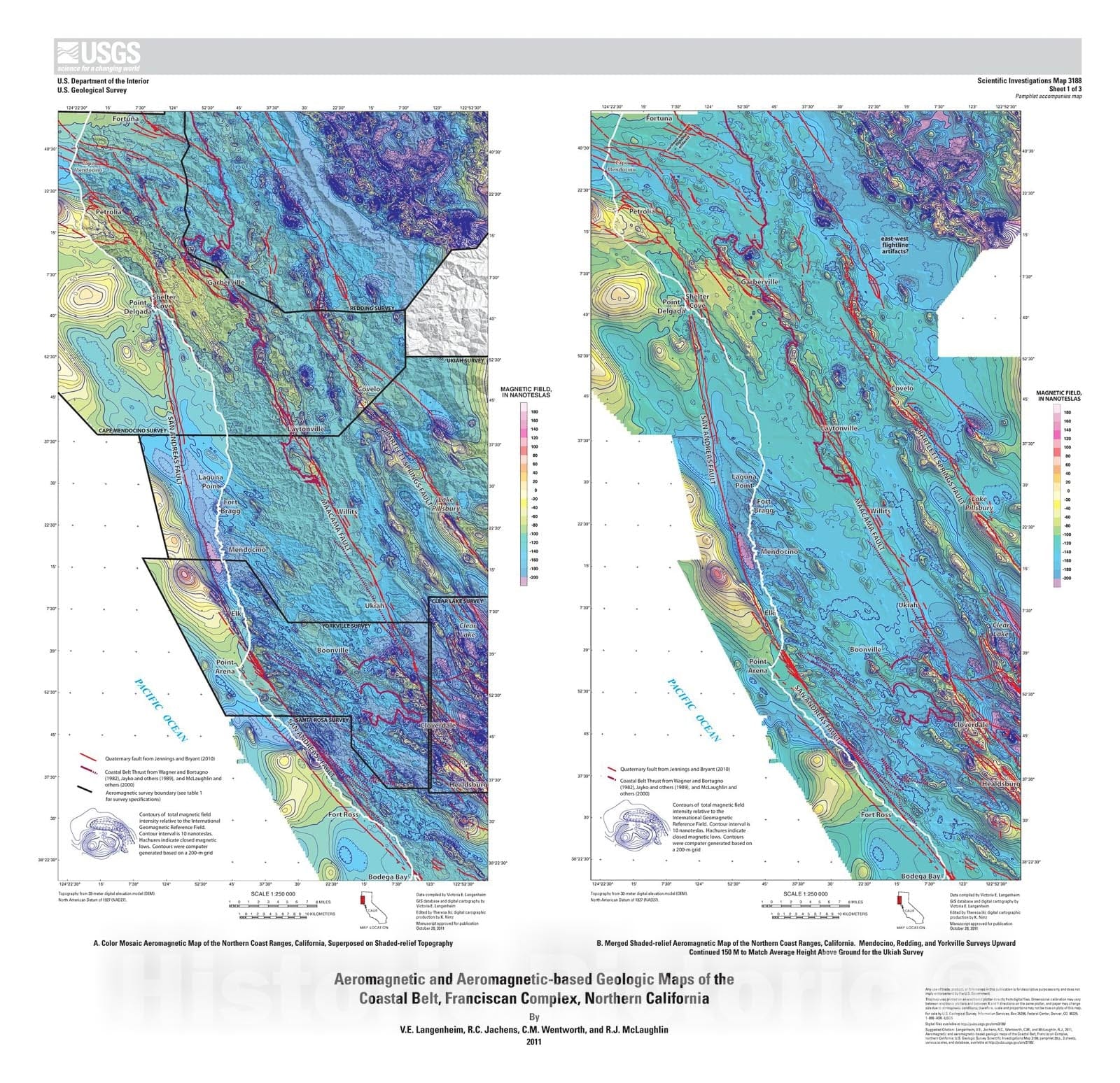 Map : Aeromagnetic and aeromagnetic-based geologic maps of the Coastal belt, Franciscan Complex, northern California, 2012 Cartography Wall Art :
