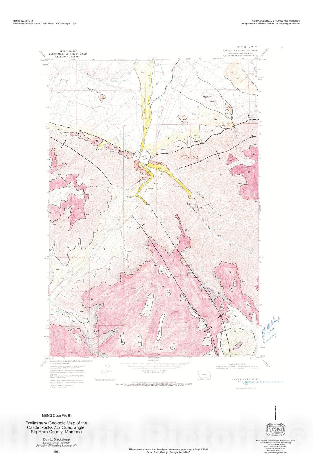 Map : Preliminary geologic map of the Castle Rocks 7.5 minute quadrangle, Big Horn County, Montana, 1974 Cartography Wall Art :