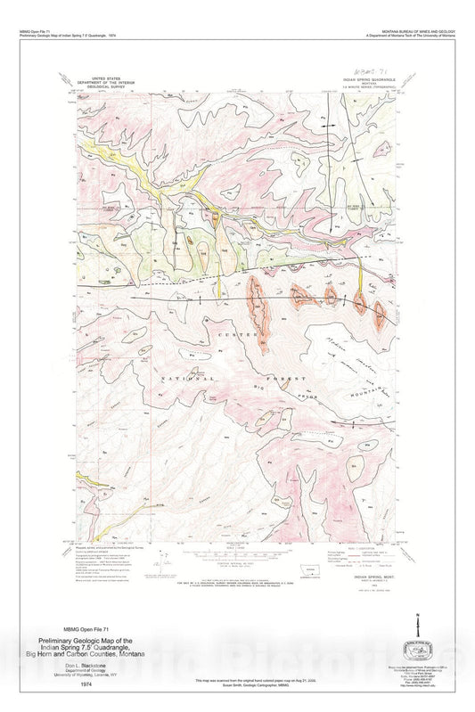 Map : Preliminary geologic map of the Indian Spring 7.5 minute quadrangle, Big Horn and Carbon counties, Montana, 1974 Cartography Wall Art :