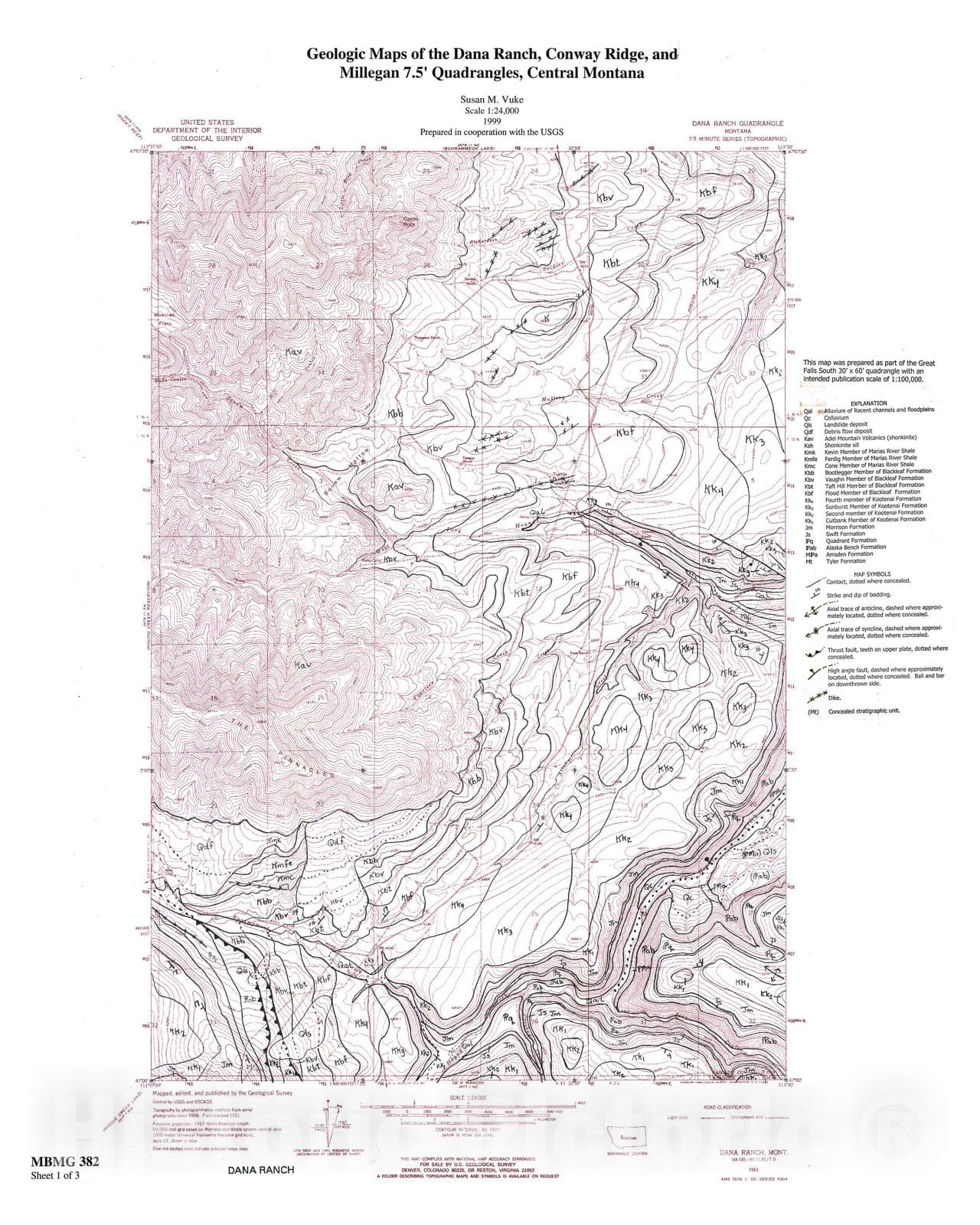 Map : Geologic maps of the Dana Ranch, Conway Ridge, and Millegan 7.5 minute quadrangles, central Montana, 1999 Cartography Wall Art :