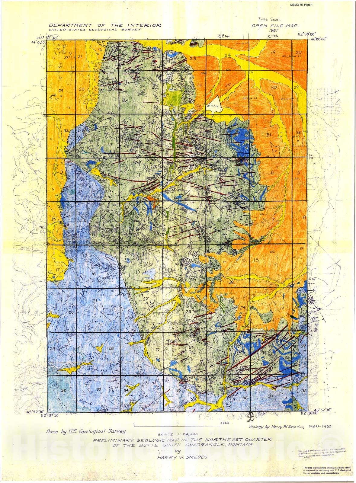 Map : Preliminary geologic map of the northeast quarter of the Butte South quadrangle, Montana, 1967 Cartography Wall Art :