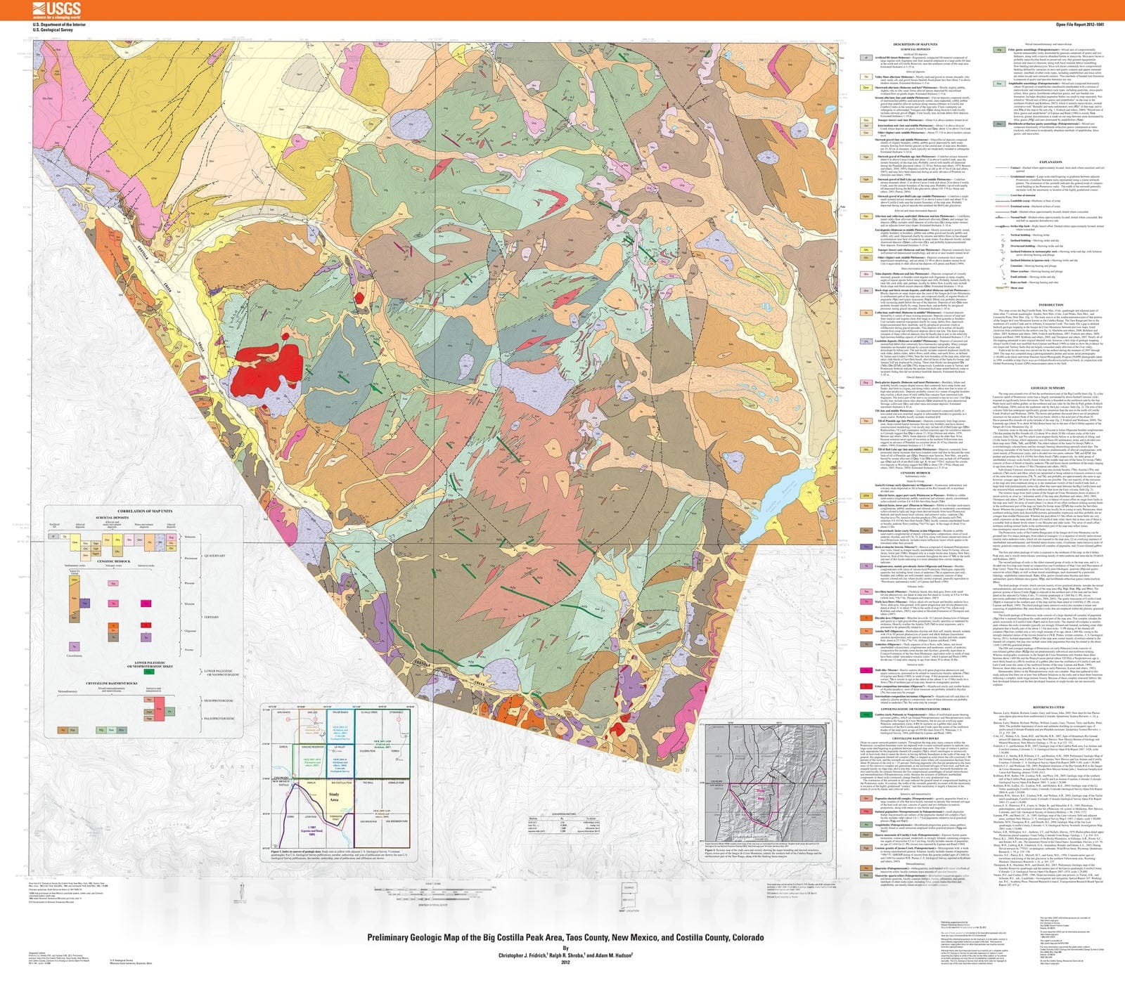 Map : Preliminary geologic map of the Big Costilla Peak area, Taos County, New Mexico, and Costilla County, Colorado, 2012 Cartography Wall Art :
