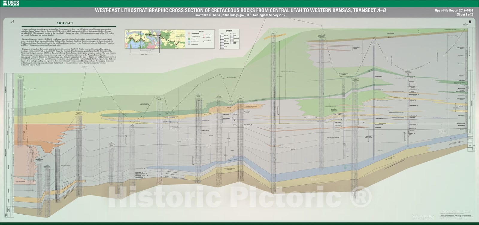 Map : West-east lithostratigraphic cross section of Cretaceous rocks from central Utah to western Kansas, 2012 Cartography Wall Art :