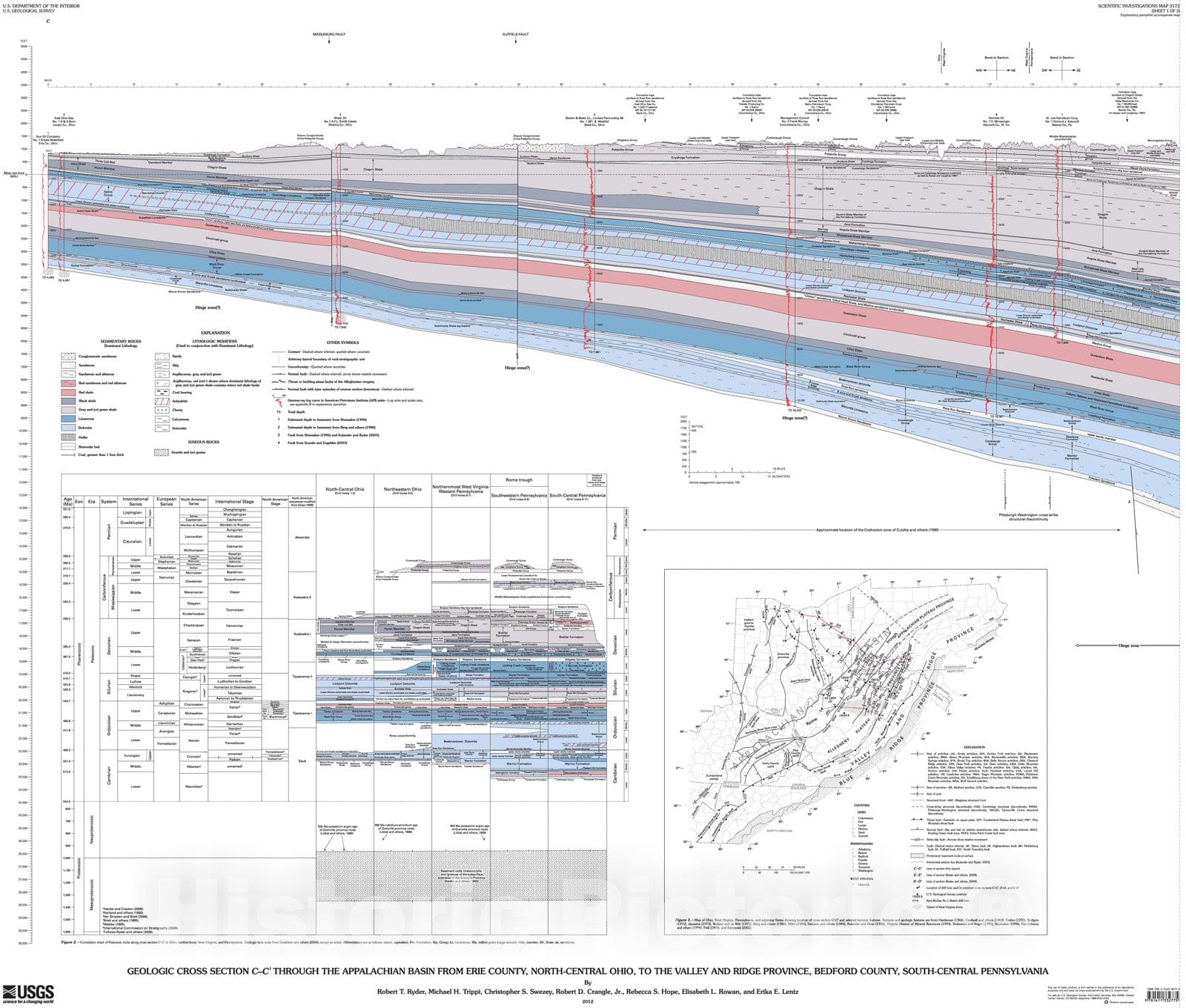 Map : Geologic cross section C-C' through the Appalachian Basin from Erie County, north-central Ohio, to the Valley and Ridge Province,, 2012 Cartography Wall Art :
