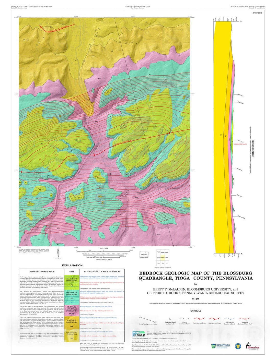 Map : Bedrock geologic map of the Blossburg quadrangle, Tioga County, Pennsylvania, 2012 Cartography Wall Art :