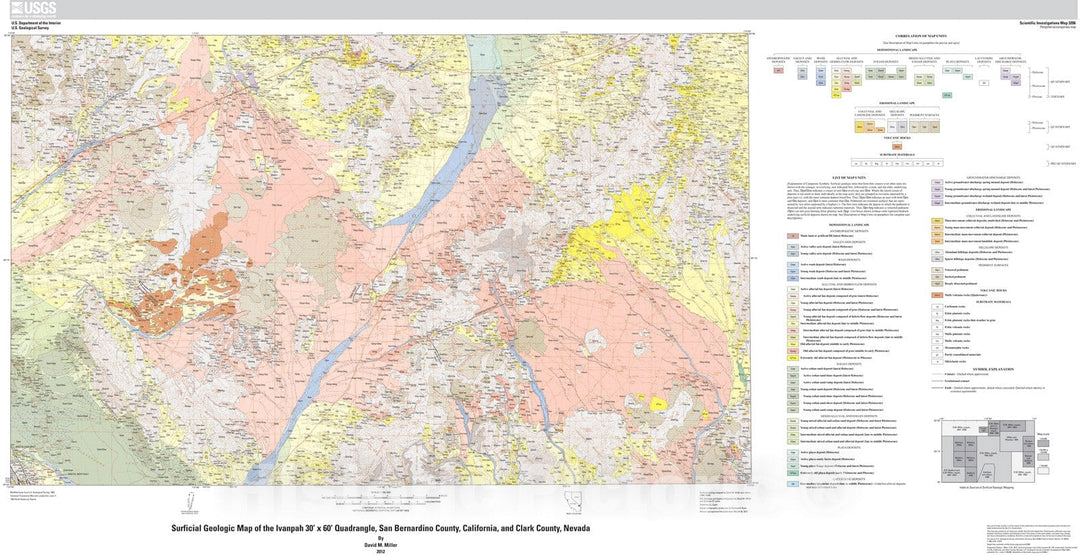 Map : Surficial geologic map of the Ivanpah 30' x 60' quadrangle, San Bernardino County, California, and Clark County, Nevada, 2012 Cartography Wall Art :