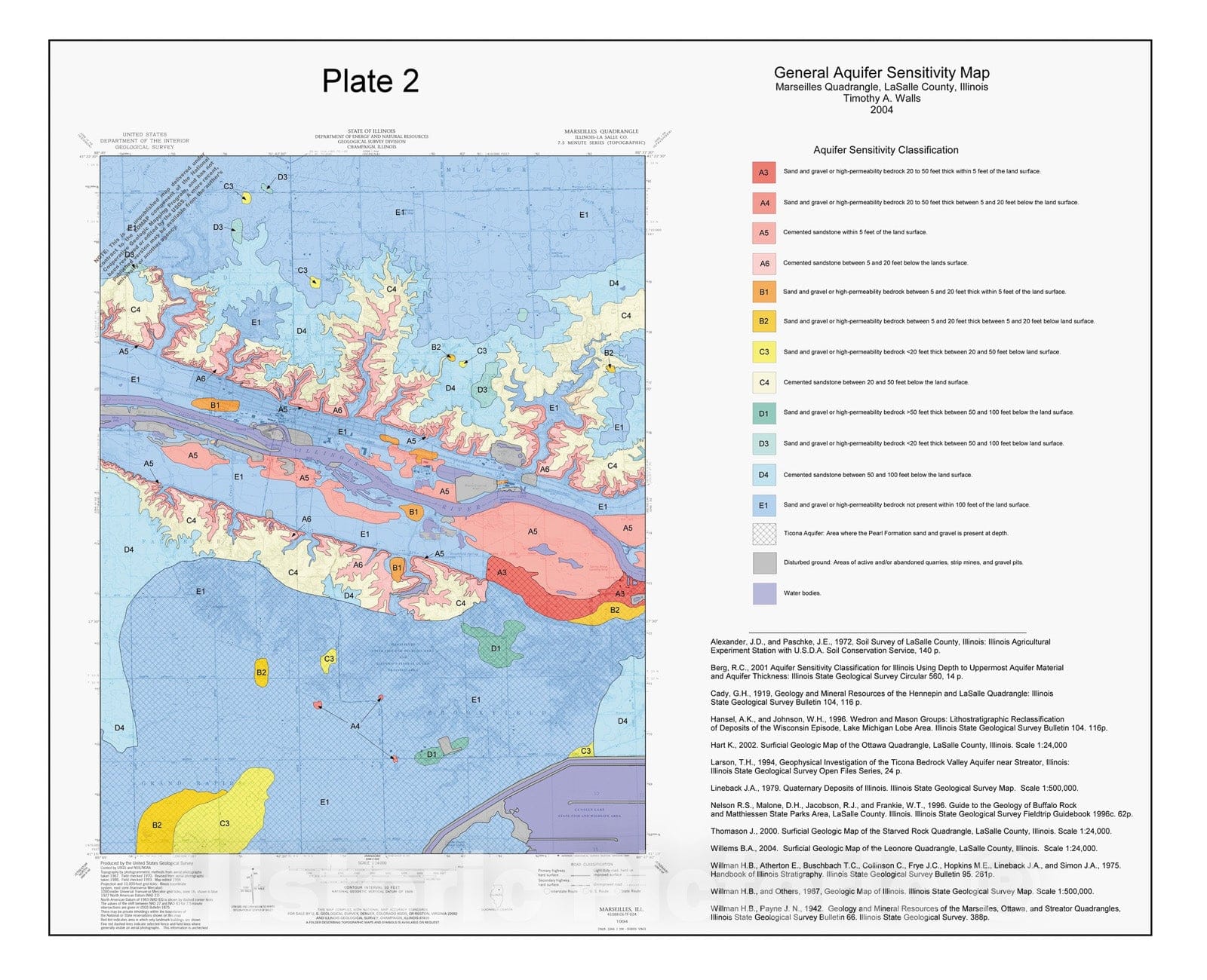 Map : General aquifer sensitivity map Marseilles Quadrangle, LaSalle County, Illinois, 2004 Cartography Wall Art :