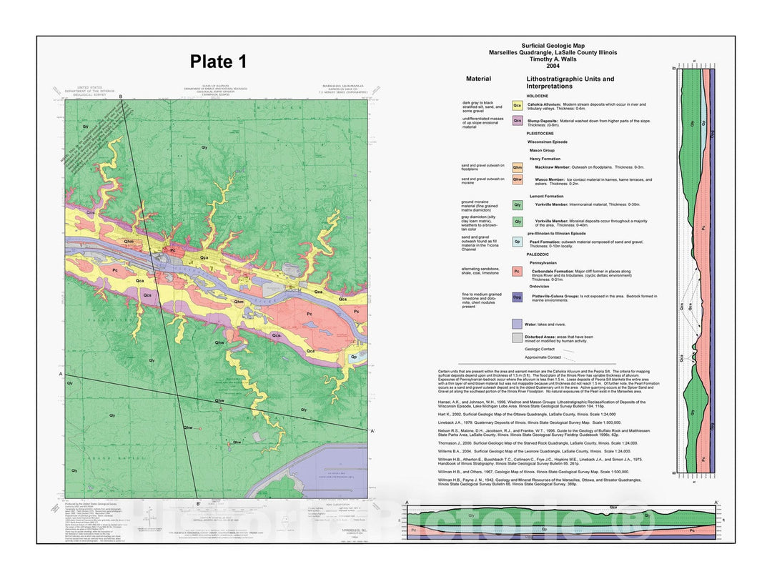 Map : Surficial geologic map Marseilles Quadrangle, LaSalle County, Illinois, 2004 Cartography Wall Art :