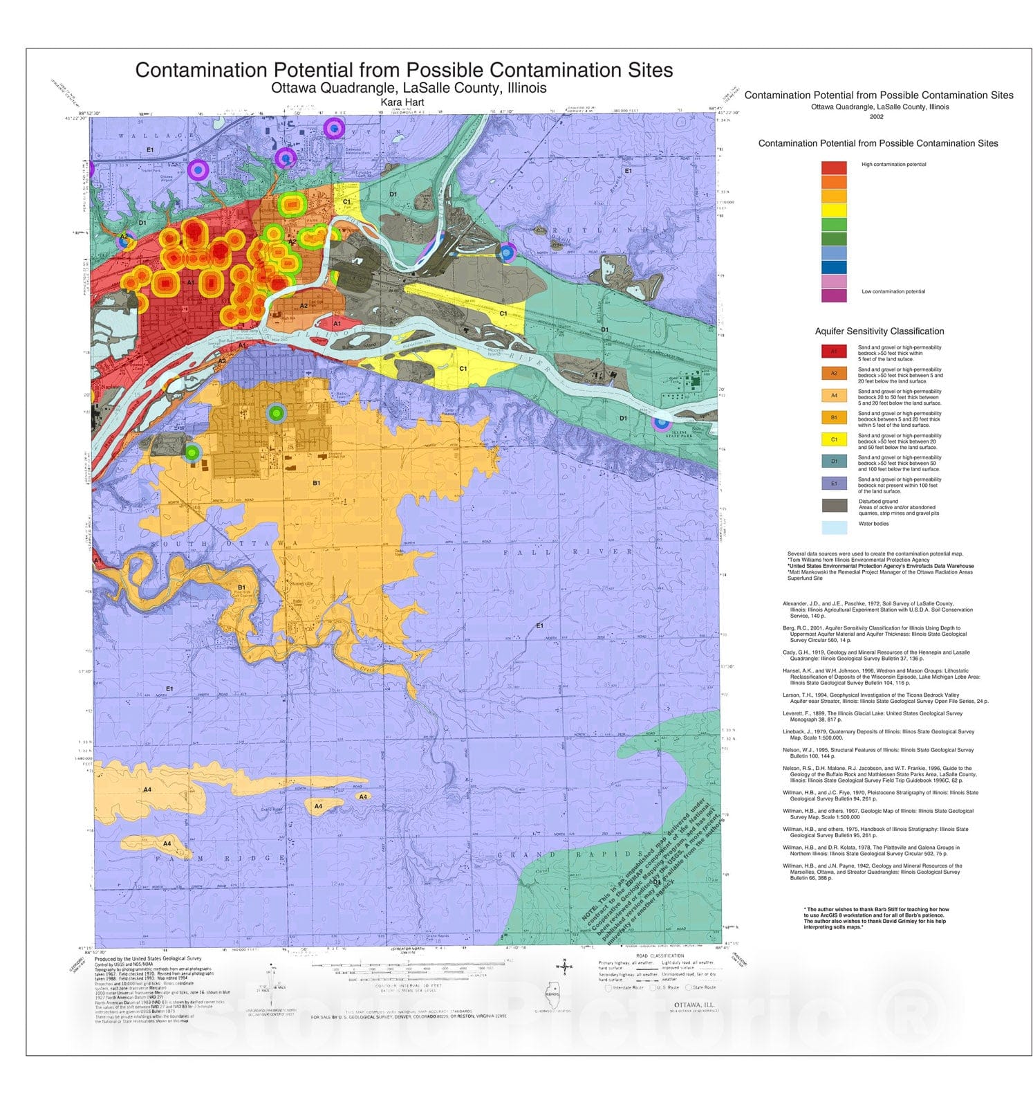 Map : Contamination potential from possible contamination sites Ottawa Quadrangle, LaSalle County, Illinois, 2002 Cartography Wall Art :