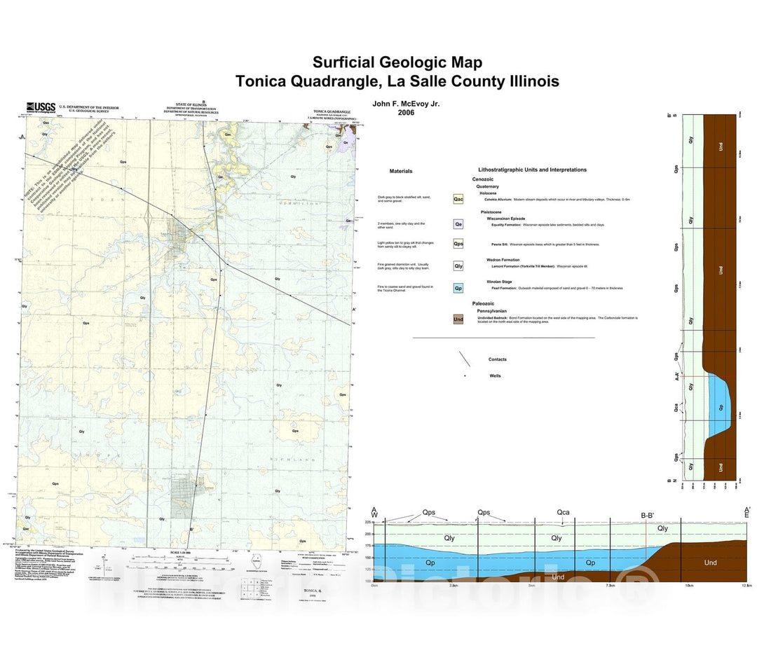 Map : Surficial geologic map, Tonica Quadrangle, LaSalle County, Illinois, 2006 Cartography Wall Art :