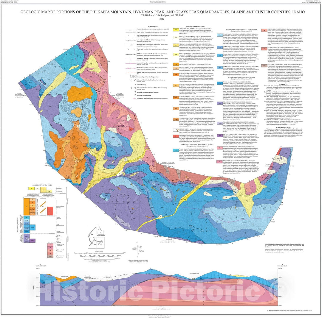 Map : Geologic Map of Portions of the Phi Kappa Mountain, Hyndman Peak, and Grays Peak Quadrangles, Blaine and Custer Counties, Idaho, 2012 Cartography Wall Art :