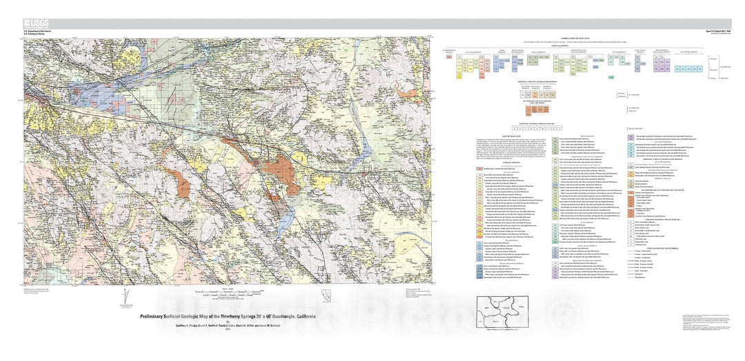 Map : Preliminary surficial geologic map of the Newberry Springs 30' x 60' quadrangle, California, 2012 Cartography Wall Art :