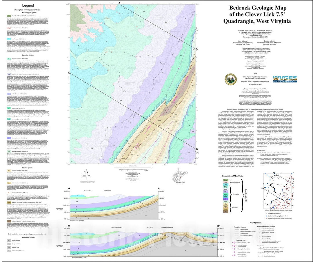 Map : Bedrock Geologic Map of the Clover Lick 7.5' Quadrangle, West Virginia, 2012 Cartography Wall Art :