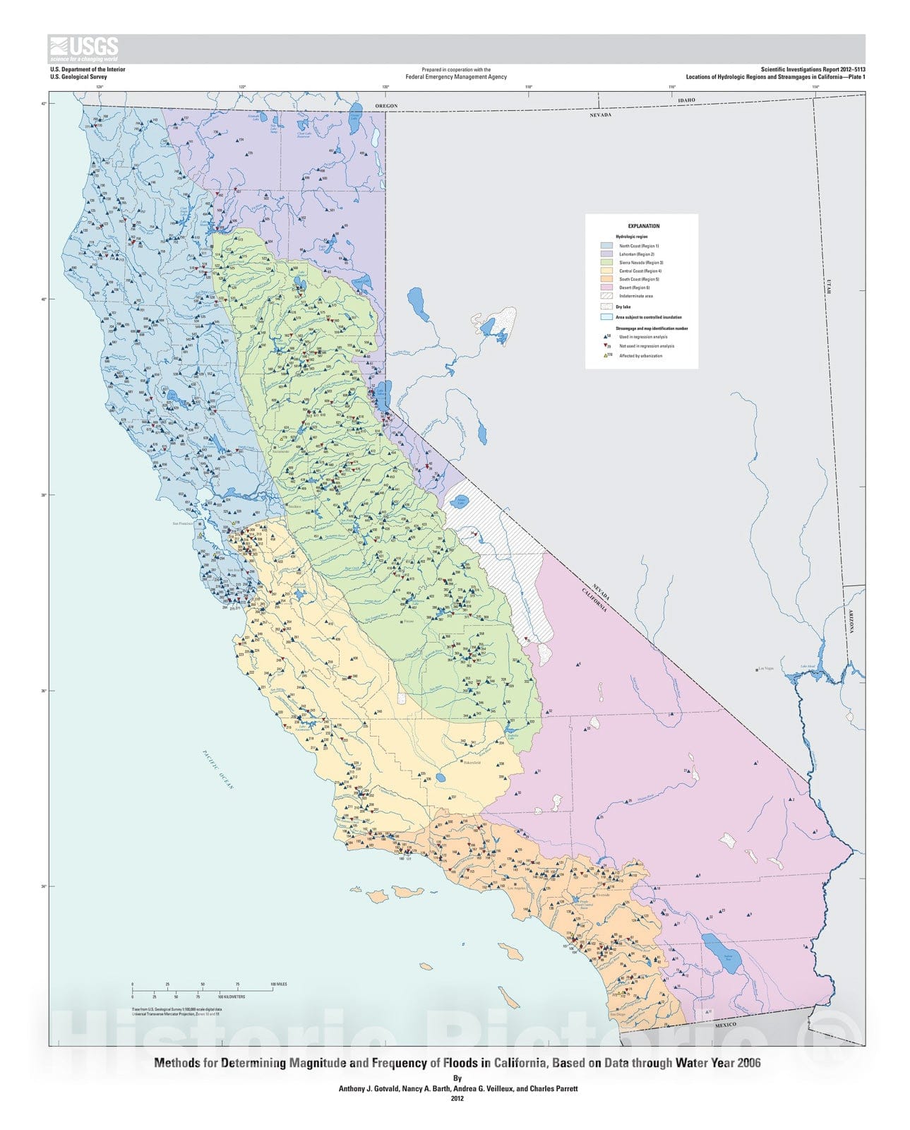 Map : Methods for determining magnitude and frequency of floods in California, based on data through water year 2006, 2012 Cartography Wall Art :