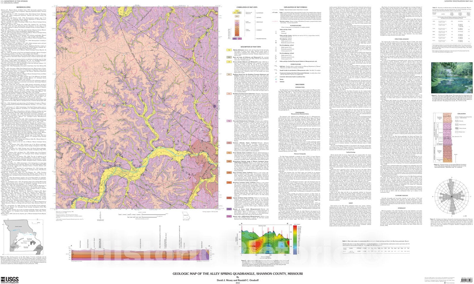 Map : Geologic map of the Alley Spring Quadrangle, Shannon County, Missouri, 2012 Cartography Wall Art :