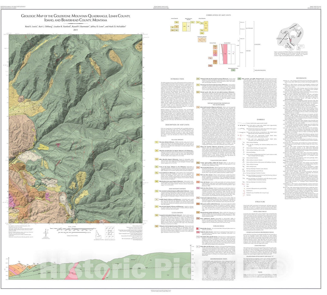 Map : Geologic map of the Goldstone Mountain quadrangle, Lemhi County, ID and Beaverhead County, MT, Montana, 2011 Cartography Wall Art :