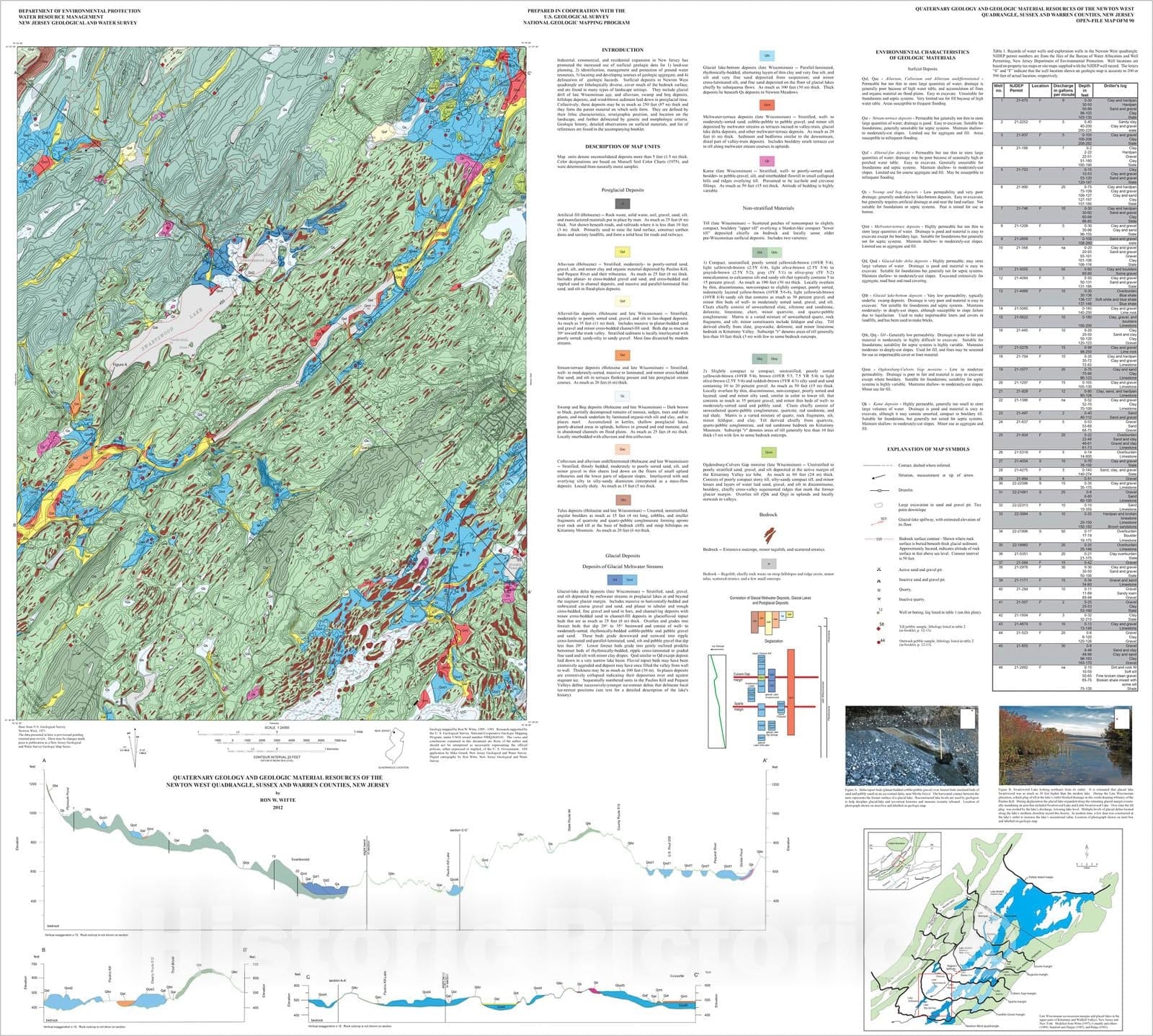 Map : Quaternary geology and geologic material resources of the Newton West quadrangle, Sussex and Warren counties, New Jersey, 2012 Cartography Wall Art :