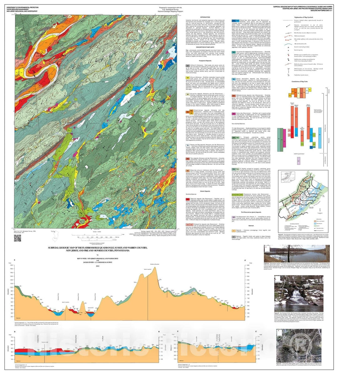 Map : Surficial geologic map of the Flatbrookville quadrangle, Sussex and Warren counties, New Jersey, and Pike and Monroe counties, Pennsylvania, 2012 Cartography Wall Art :