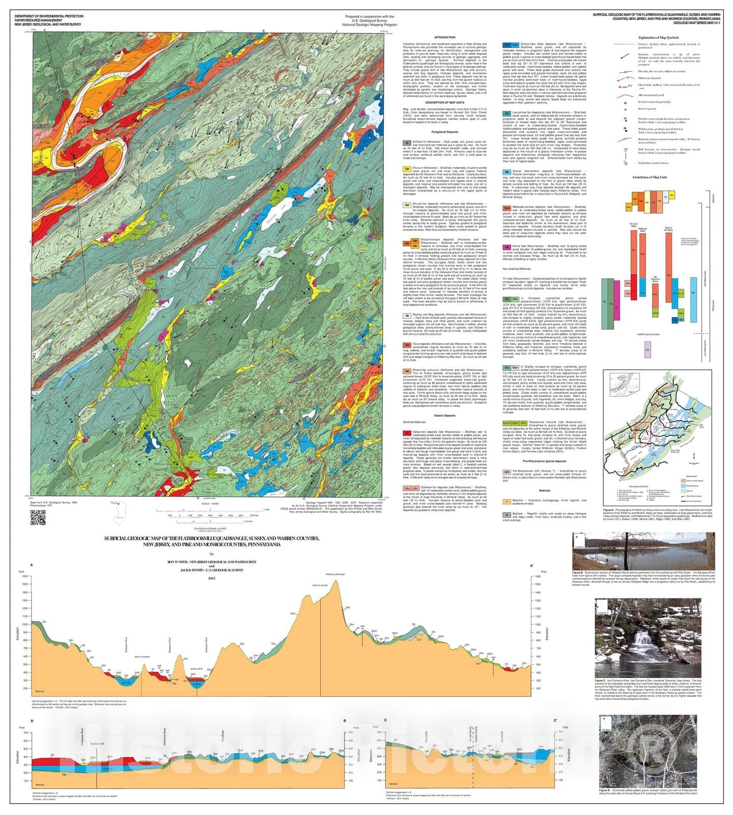 Map : Surficial geologic map of the Flatbrookville quadrangle, Sussex and Warren counties, New Jersey, and Pike and Monroe counties, Pennsylvania, 2012 Cartography Wall Art :
