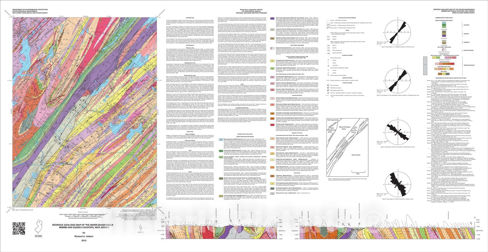 Map : Bedrock geologic map of the Dover quadrangle, Morris and Sussex counties, New Jersey, 2012 Cartography Wall Art :