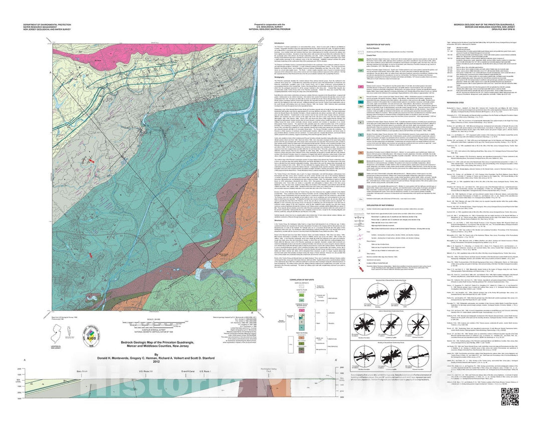 Map : Bedrock geologic map of the Princeton quadrangle, Mercer and Middlesex counties, New Jersey, 2012 Cartography Wall Art :