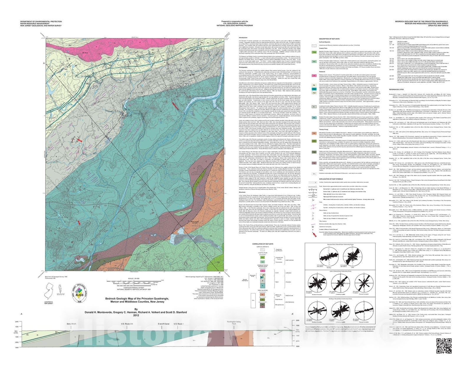 Map : Bedrock geologic map of the Princeton quadrangle, Mercer and Middlesex counties, New Jersey, 2012 Cartography Wall Art :