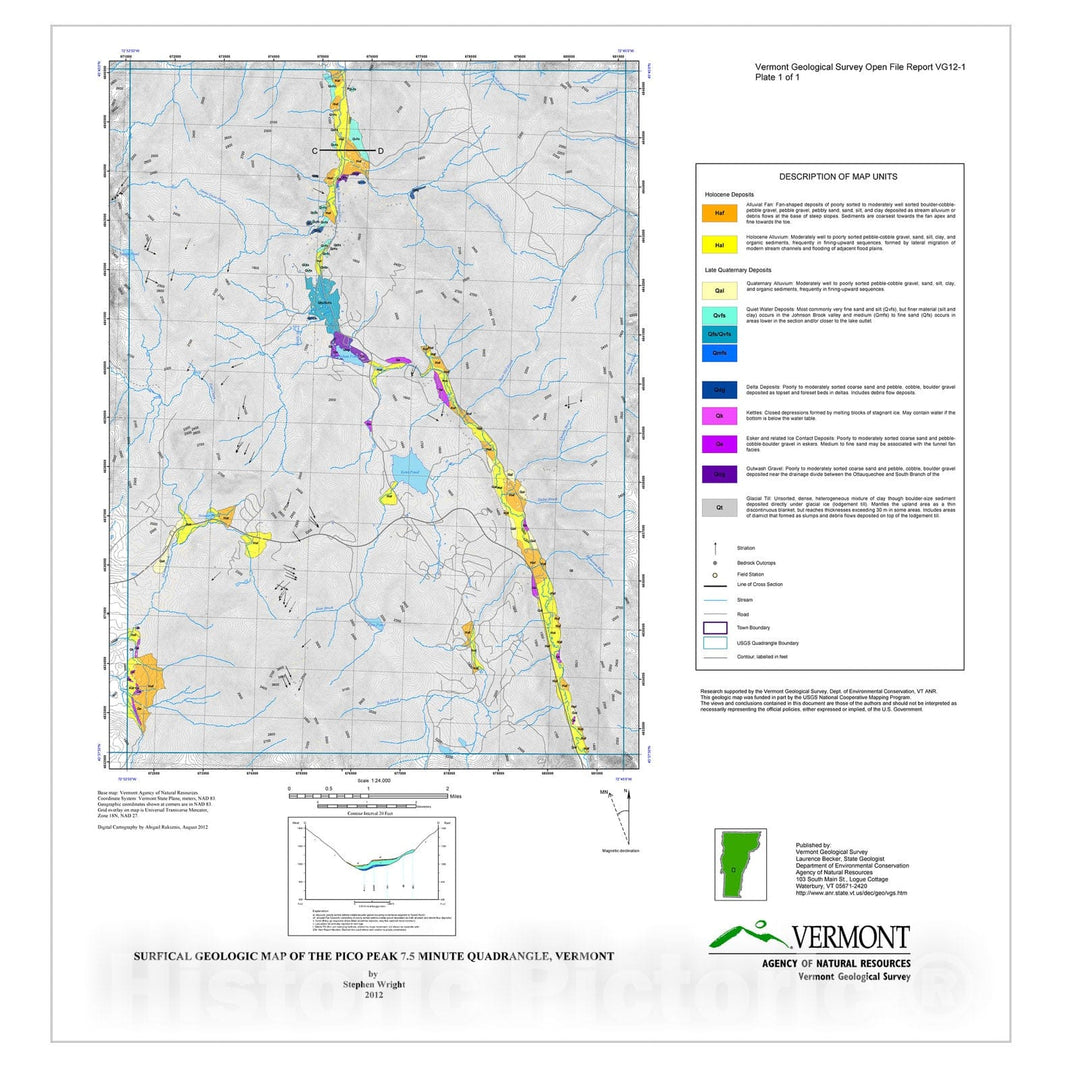 Map : Surficial Geologic Map of the Pico Peak, Vermont Quadrangle, 2012 Cartography Wall Art :