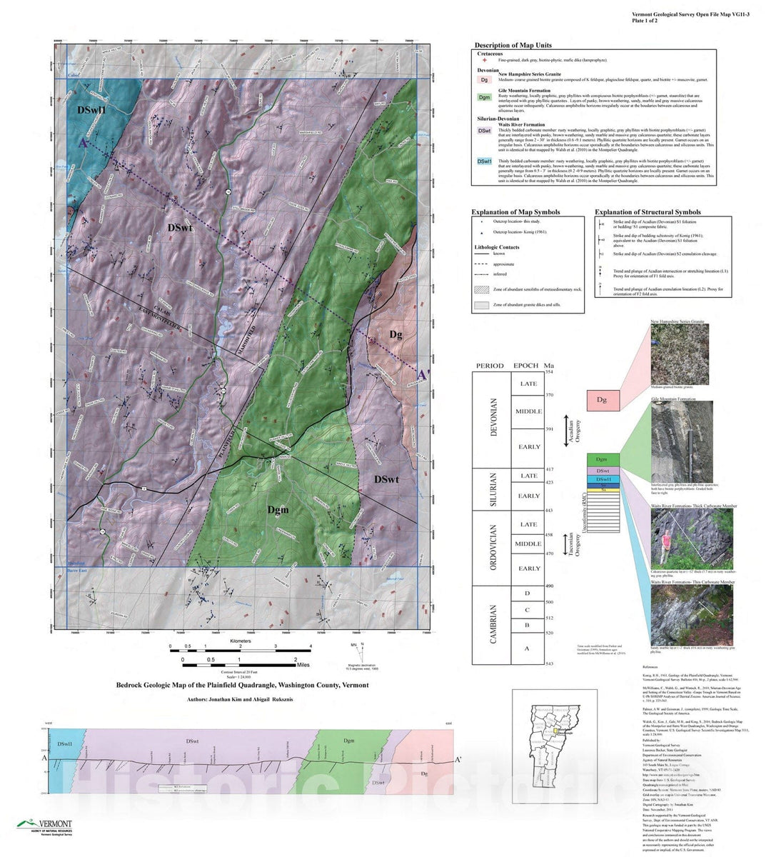 Map : Bedrock Geologic Map of the Plainfield Quadrangle, Washington County, Vermont, 2011 Cartography Wall Art :