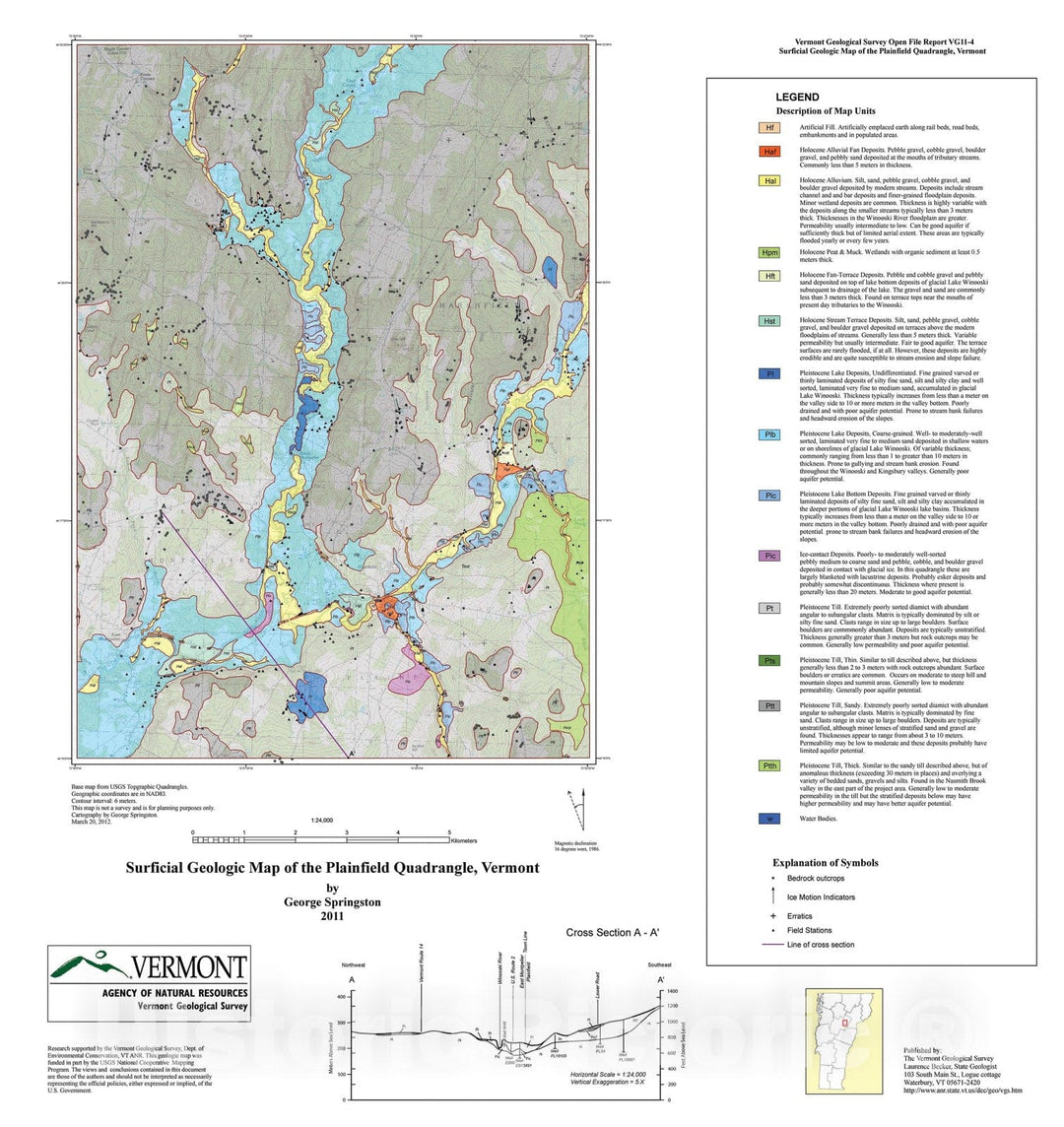Map : Surficial Geologic Map of the Plainfield Quadrangle, Vermont, 2011 Cartography Wall Art :