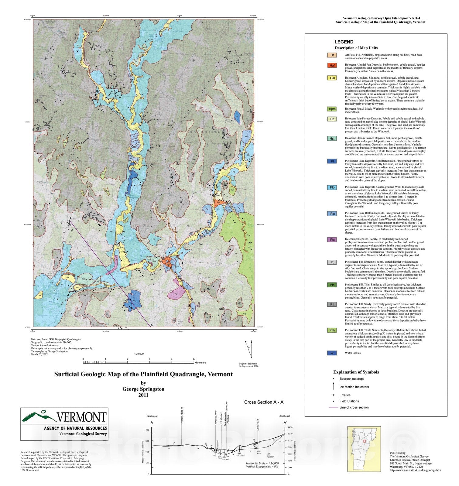 Map : Surficial Geologic Map of the Plainfield Quadrangle, Vermont, 2011 Cartography Wall Art :
