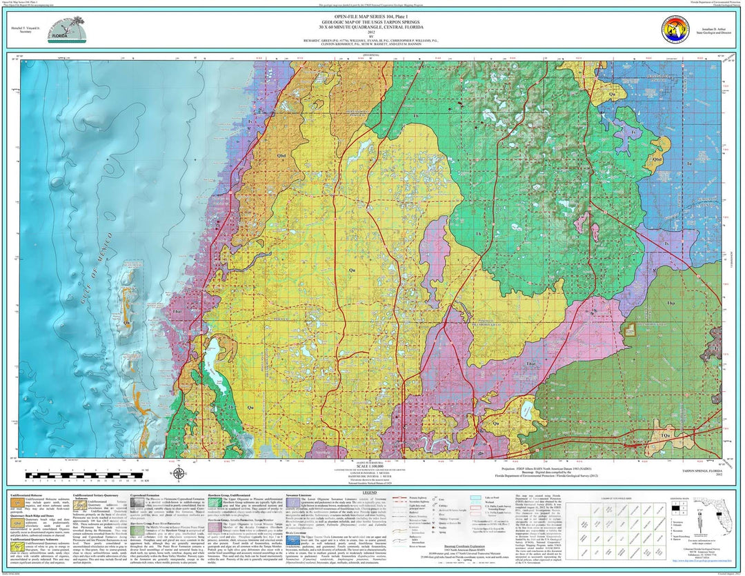 Map : Geologic map of the U.S.G.S. Tarpon Springs thirty x sixty minute quadrangle, central Florida [3 plates], 2012 Cartography Wall Art :