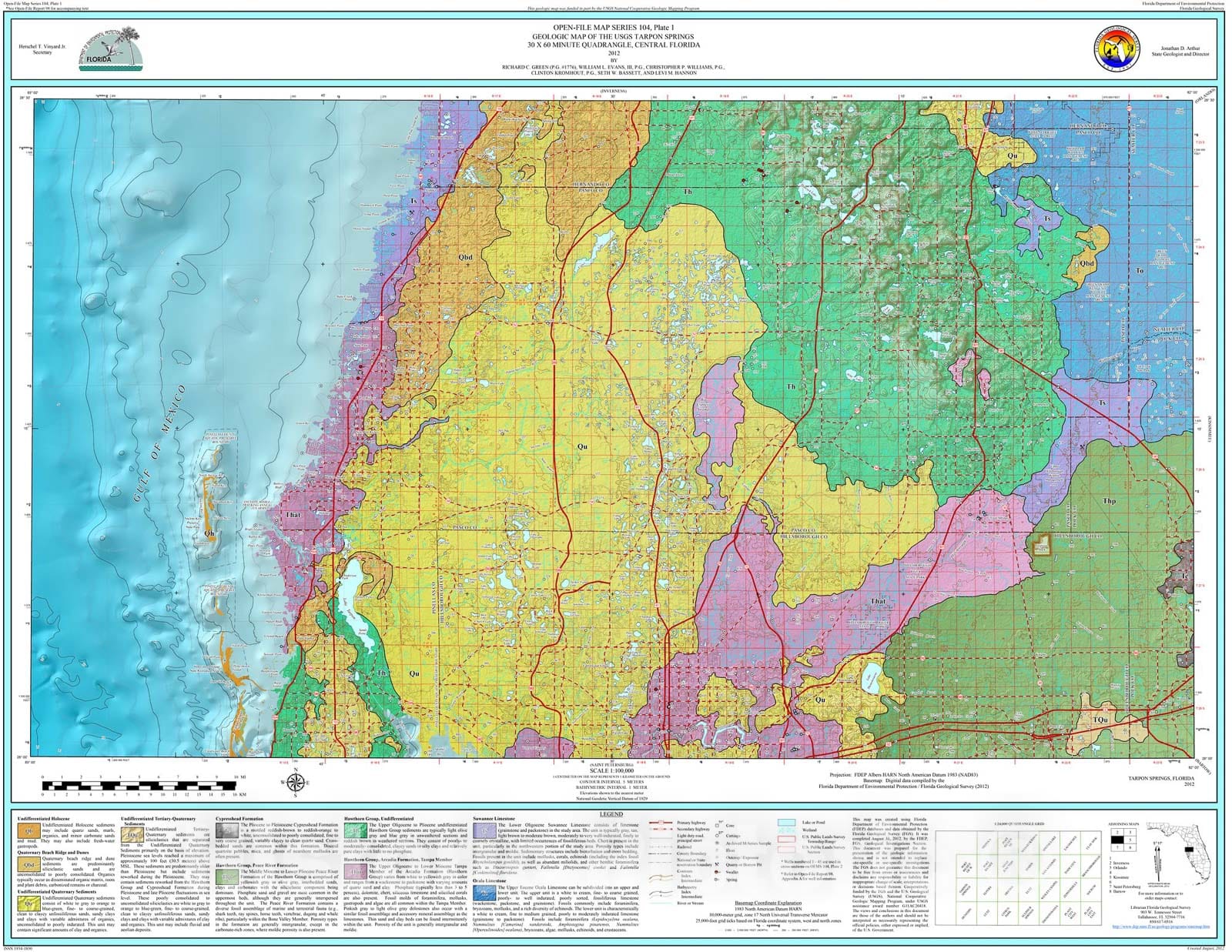 Map : Geologic map of the U.S.G.S. Tarpon Springs thirty x sixty minute quadrangle, central Florida [3 plates], 2012 Cartography Wall Art :