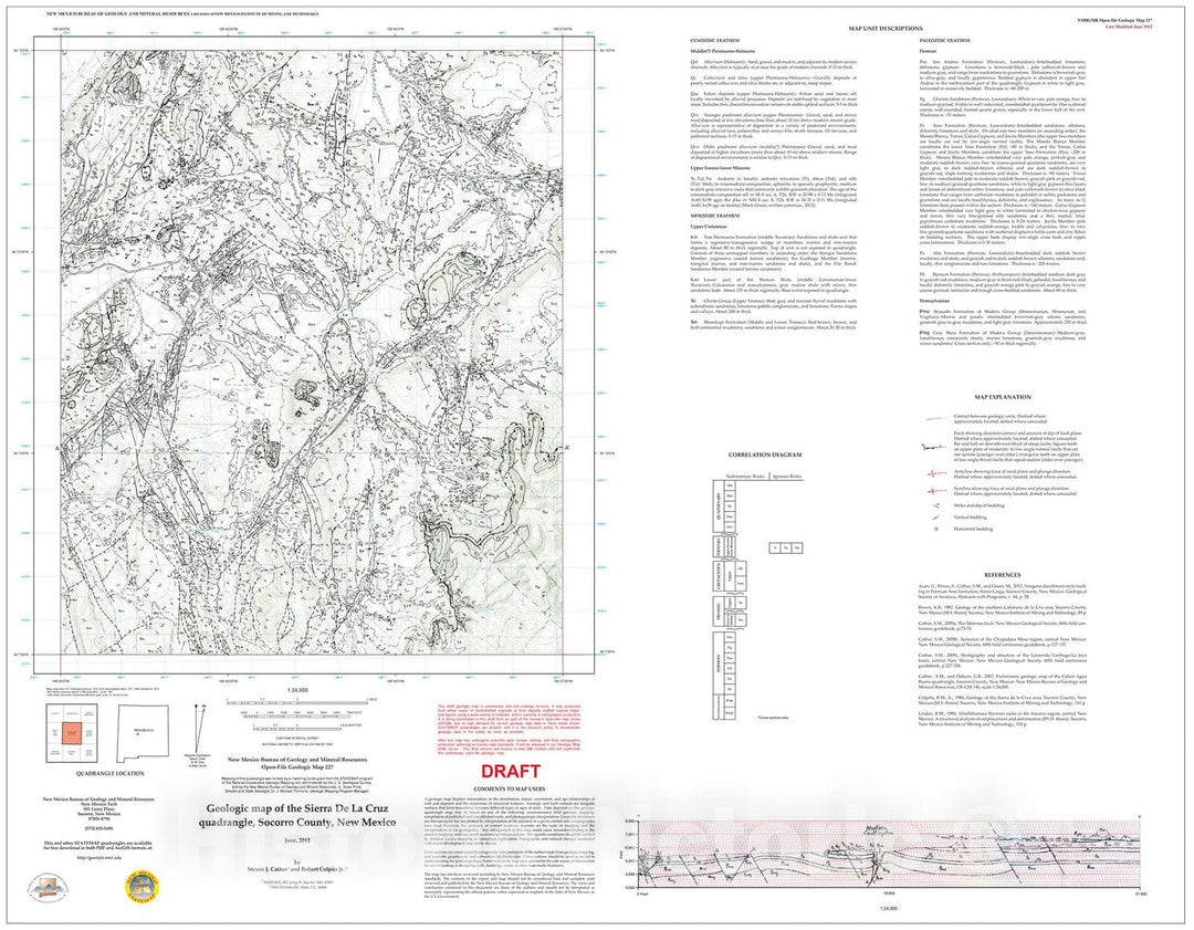 Map : Preliminary geologic map of the Sierra de la Cruz 7.5-minute quadrangle, Socorro County, New Mexico, 2012 Cartography Wall Art :