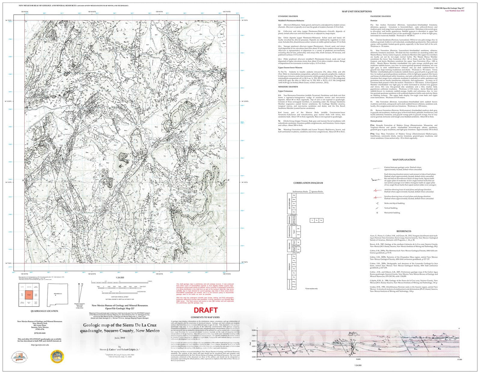 Map : Preliminary geologic map of the Sierra de la Cruz 7.5-minute quadrangle, Socorro County, New Mexico, 2012 Cartography Wall Art :