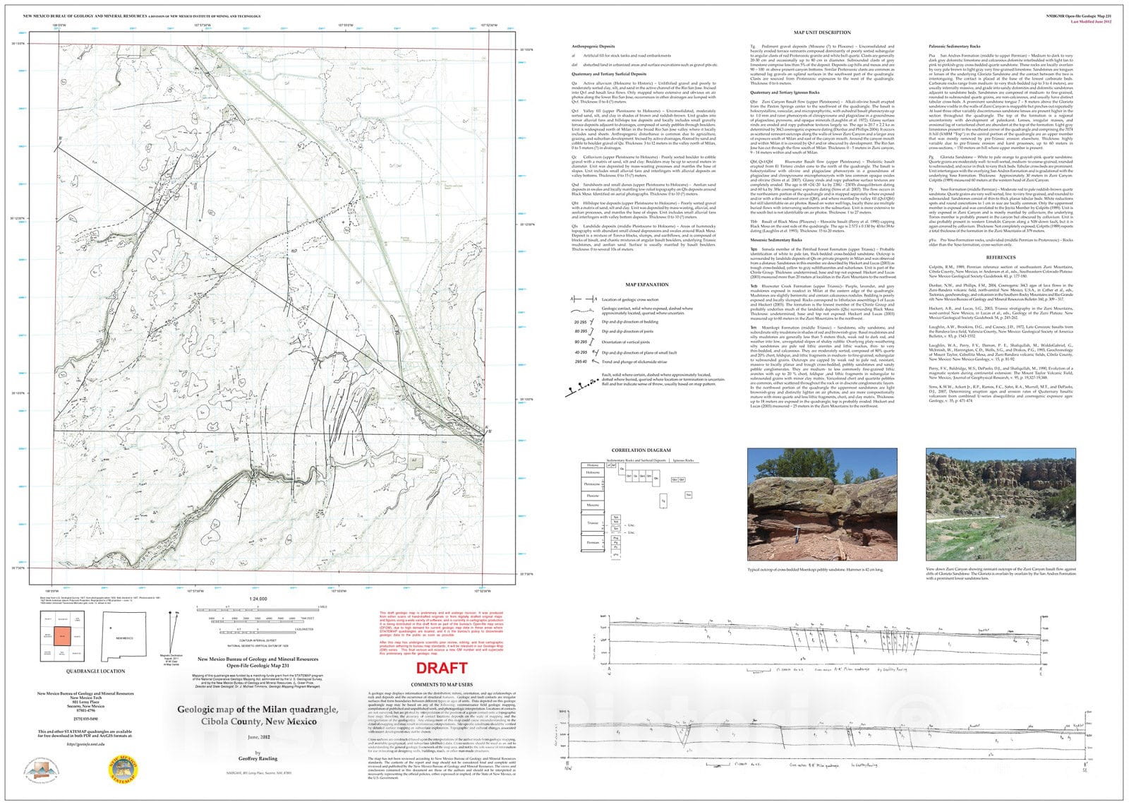 Map : Preliminary geologic map of the Milan 7.5-minute quadrangle, Cibola County, New Mexico, 2012 Cartography Wall Art :