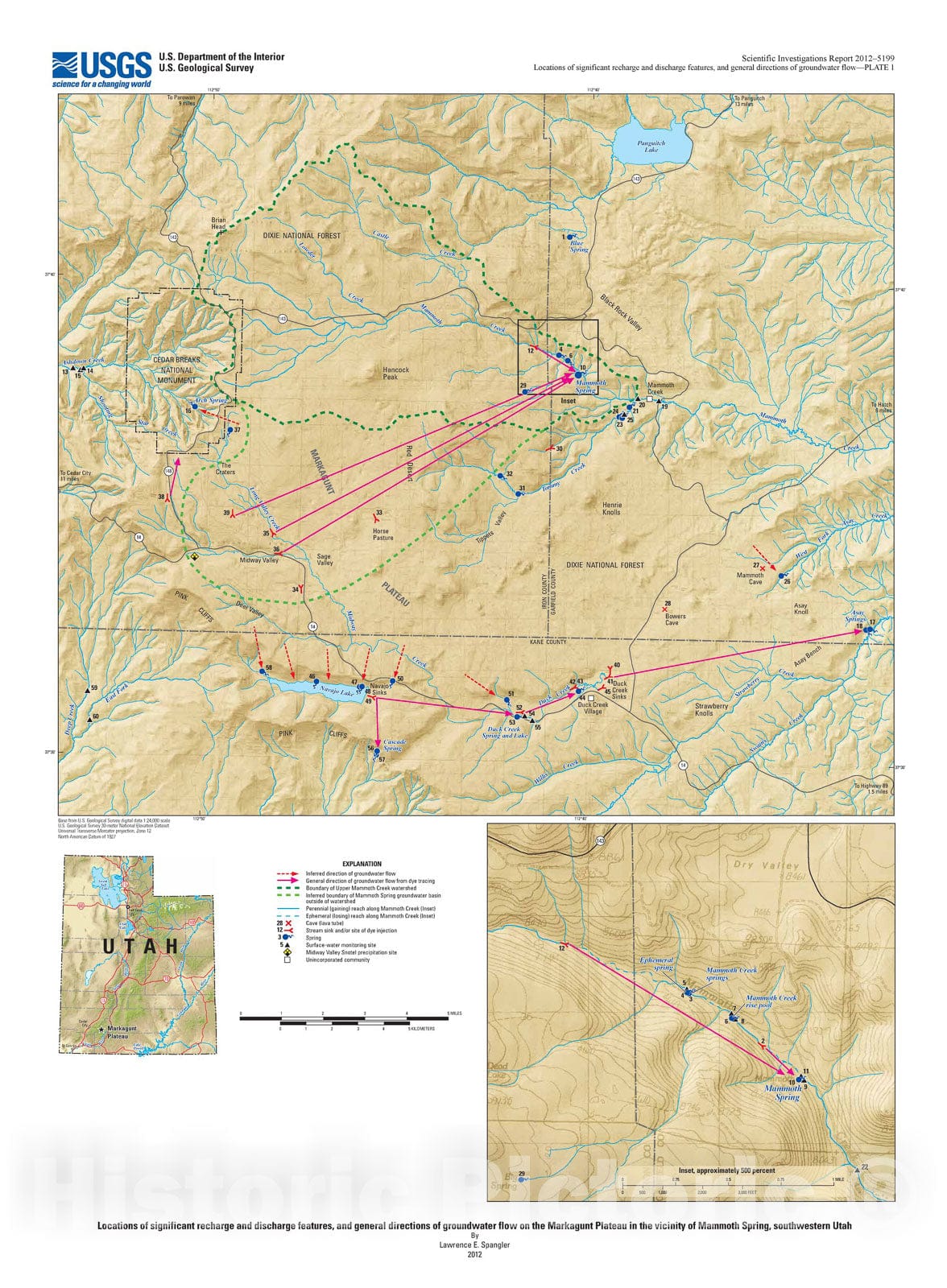 Map : Hydrogeology of the Mammoth Spring groundwater basin and vicinity, Markagunt Plateau, Garfield, Iron, and Kane Counties, Utah, 2012 Cartography Wall Art :