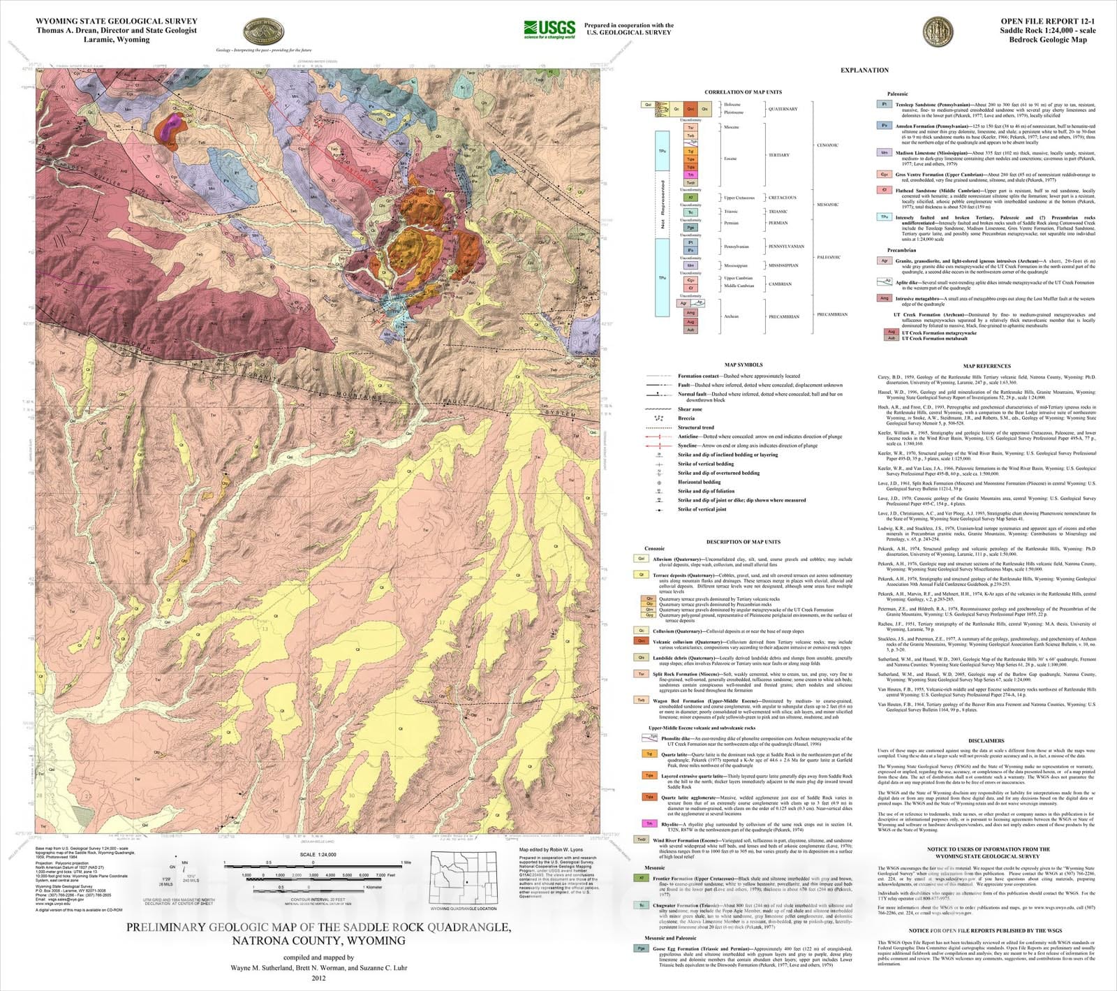 Map : Preliminary Geologic Map of the Saddle Rock 7.5' Quadrangle, Natrona County, Wyoming, 2012 Cartography Wall Art :