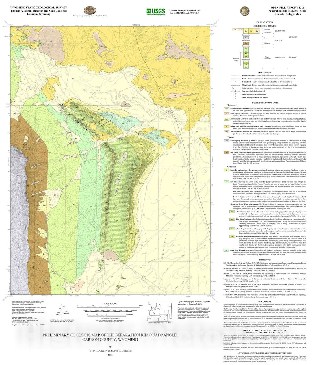 Map : Preliminary Geologic Map of the Separation Rim 7.5' Quadrangle, Carbon County, Wyoming., 2012 Cartography Wall Art :