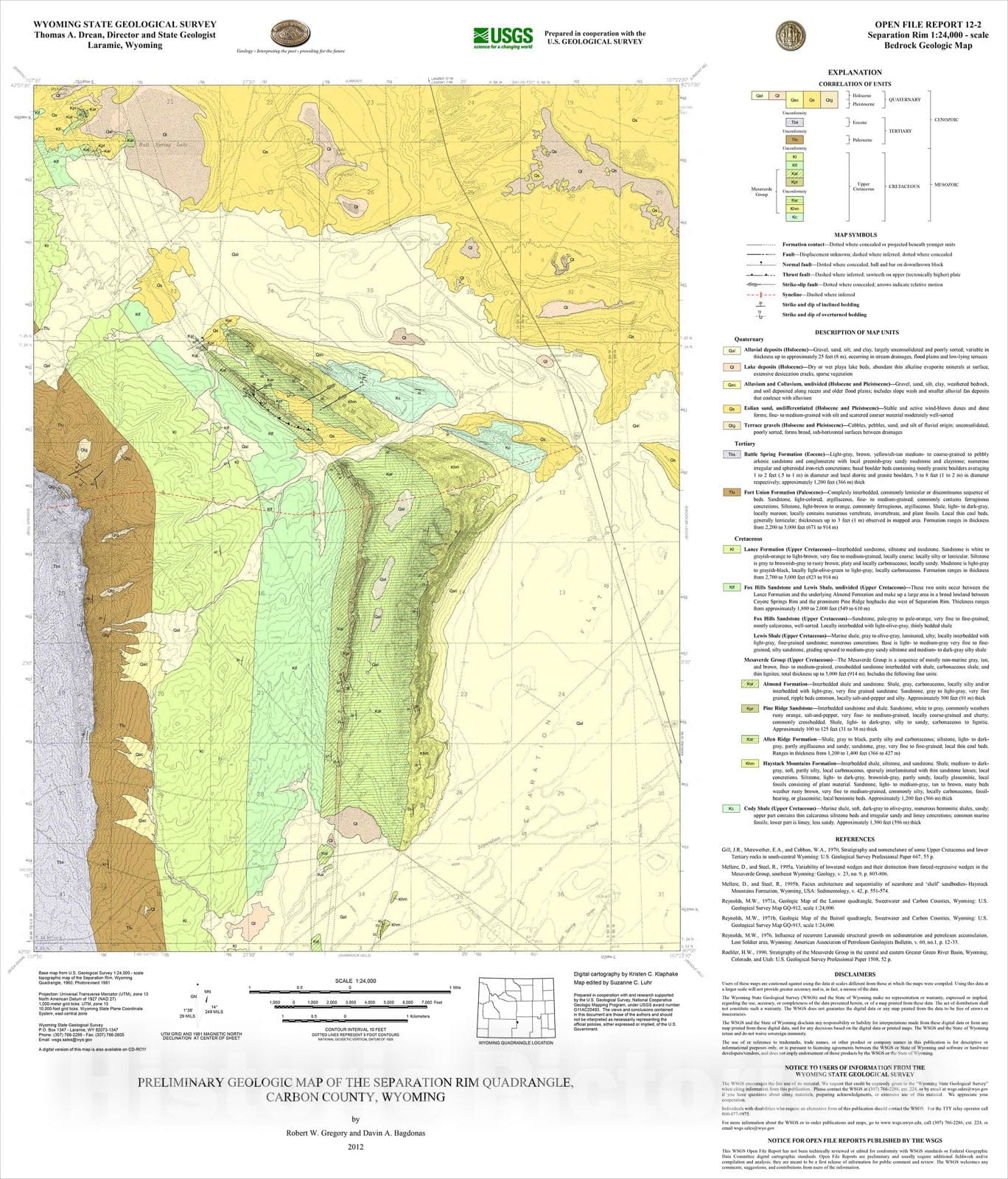 Map : Preliminary Geologic Map of the Separation Rim 7.5' Quadrangle, Carbon County, Wyoming., 2012 Cartography Wall Art :