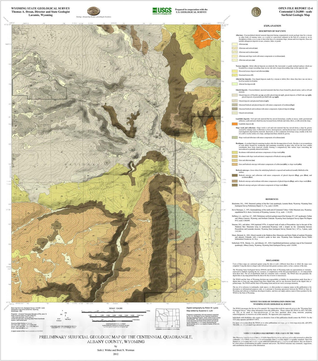 Map : Preliminary Surficial Geologic Map of the Centennial 7.5' Quadrangle, Albany County, Wyoming, 2012 Cartography Wall Art :