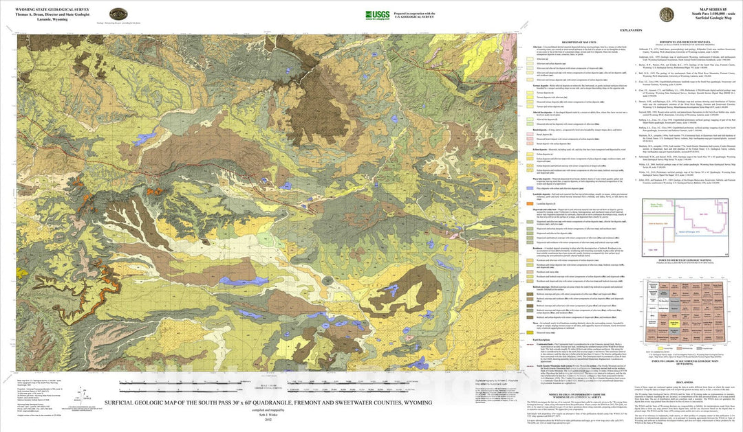 Map : Surficial geologic map of the South Pass 30' x 60' quadrangle, Fremont and Sweetwater Counties, Wyoming, 2012 Cartography Wall Art :