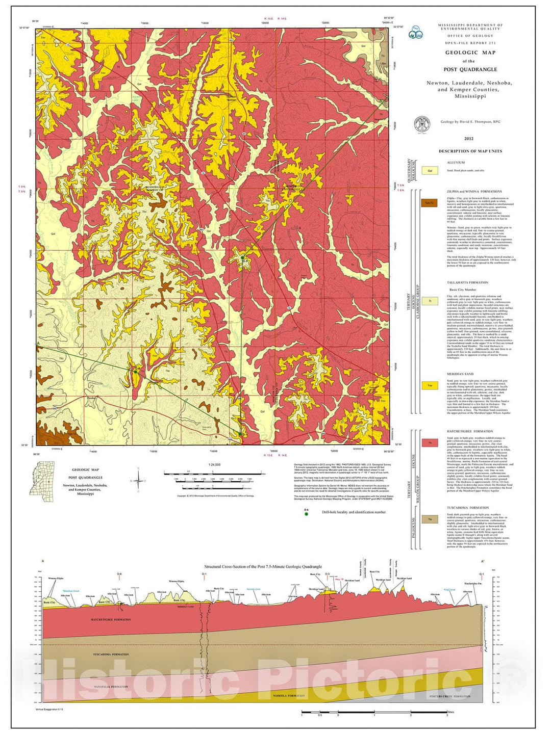 Map : Geologic map of the Post quadrangle, Newton, Neshoba, Lauderdale, and Kemper counties, Mississippi, 2012 Cartography Wall Art :